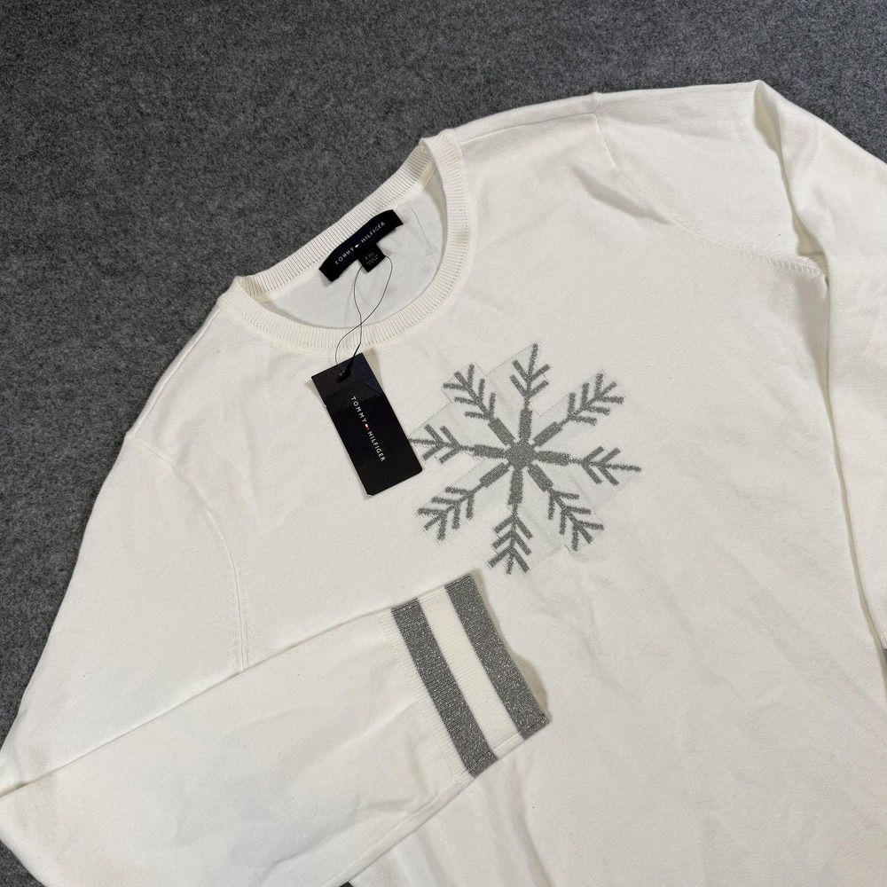 Tommy Hilfiger Sweater Womens Large White Snowflake Crewneck Holiday Raglan Knit
